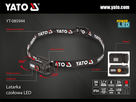 Yato latarka czołowa akumulatorowa 500lm YT-085944