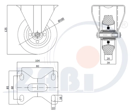 Zabi koło metalowo-gumowe 100 w obudowie stałej symbol 13