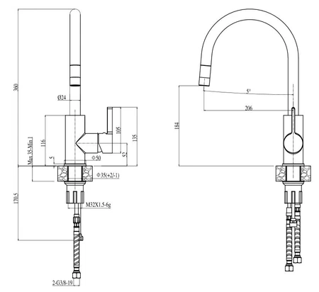 Alveus bateria zlewozmywakowa Tesla z wyciąganą wylewką złota 1129050