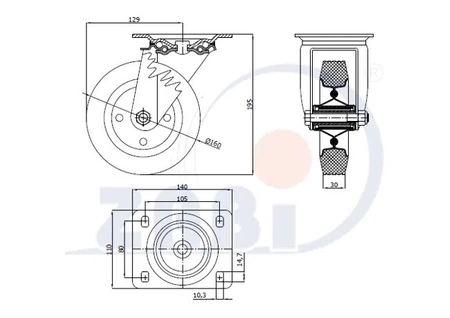 Zabi koło metalowo-gumowe 160 w obudowie skrętnej symbol 42