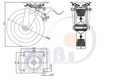 Zabi koło metalowo-gumowe 200 w obudowie skrętnej z hamulcem symbol 65H