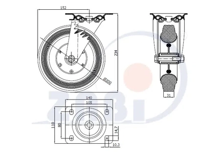 Zabi koło metalowo-gumowe 200 w obudowie skrętnej symbol 62