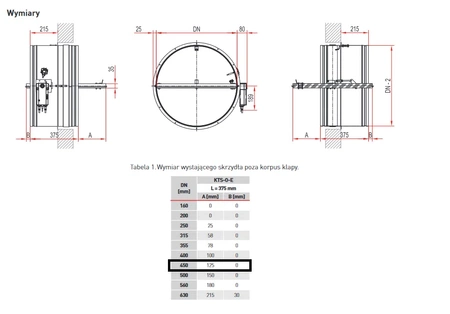 Klapa przeciwpożarowa typu KTS-O-E DN450 z siłownikiem elektrycznym Smay ze sprężyną powrotną BFN KTS-O-E-450-BFN230-T 10279