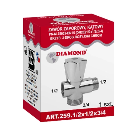 Diamond zawór zaporowy kątowy grzybkowy 3-drogowy rosyjski chrom 1/2x1/2x3/4" ART.259.1/2X1/2X3/4