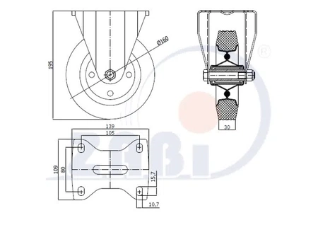 Zabi koło metalowo-gumowe 160 w obudowie stałej symbol 43