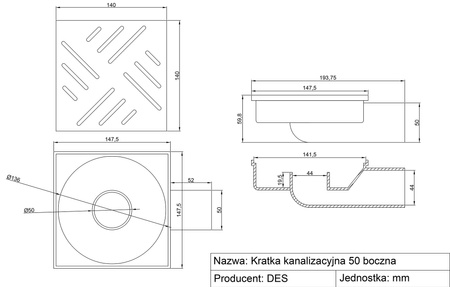 DES kratka kanalizacyjna fi 50 15x15 boczna metal biała 01.016.007