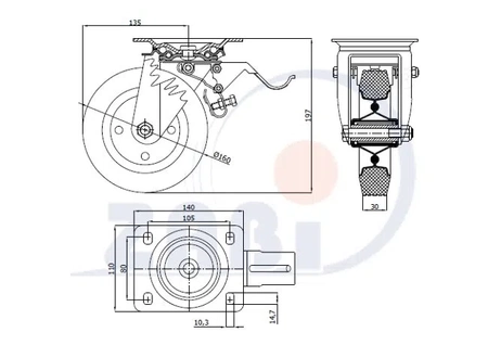 Zabi koło metalowo-gumowe 160 w obudowie skrętnej z hamulcem symbol 45H