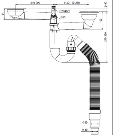 Prevex syfon P-loc zlewozmywakowy podwójny z rurą elastyczną PL2-D9CF5-01PL