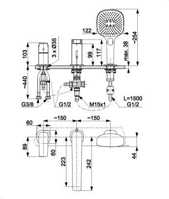 KFA Armatura bateria wannowa 3-otworowa Malaga złoto szczotkowane 4525-210-31
