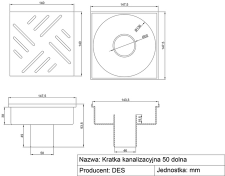 DES kratka kanalizacyjna fi 50 10x10 dolna plastik biała 01.016.002