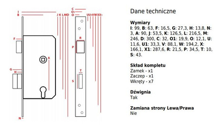 Jania zamek bramowy na wkład z dźwignią prawy ZP-SW-251
