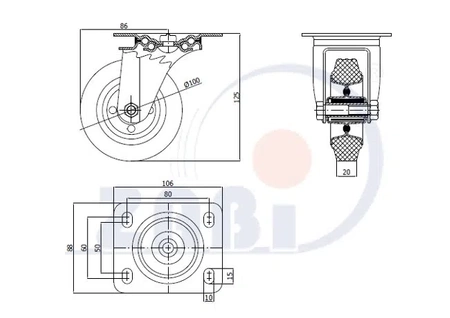 Zabi koło metalowo-gumowe 100 w obudowie skrętnej symbol 12L