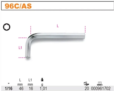 Beta klucz trzpieniowy 1/16" sześciokątny 96C/AS/1/16