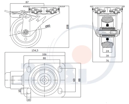 Zabi koło metalowo-gumowe 80 w obudowie skrętnej z hamulcem symbol 6H