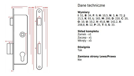 Jania zamek wąski Zapadka 72/34 mm na wkład lewy Z220