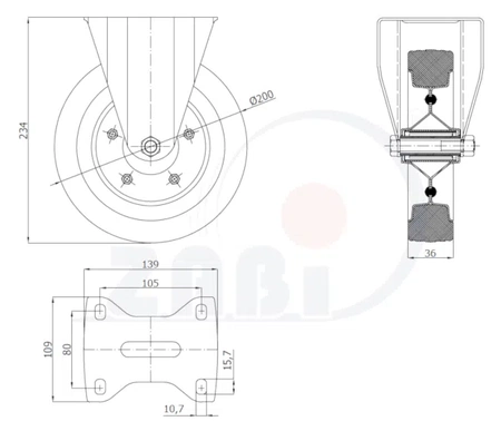 Zabi koło metalowo-gumowe 200 w obudowie stałej symbol 63