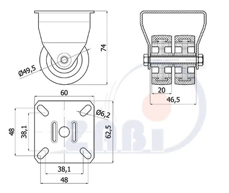 Zabi zestaw kołowy stały koło gumowe 50mm M53T2