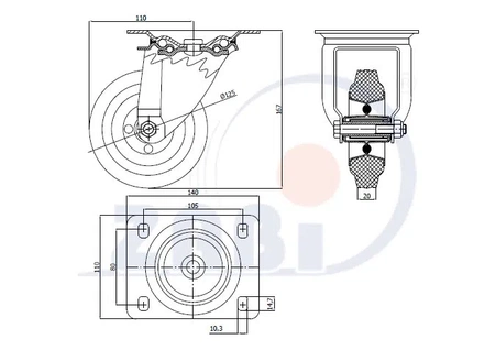 Zabi koło metalowo-gumowe 125 w obudowie skrętnej symbol 22