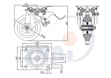 Zabi koło metalowo-gumowe 125 w obudowie skrętnej z hamulcem symbol 25H
